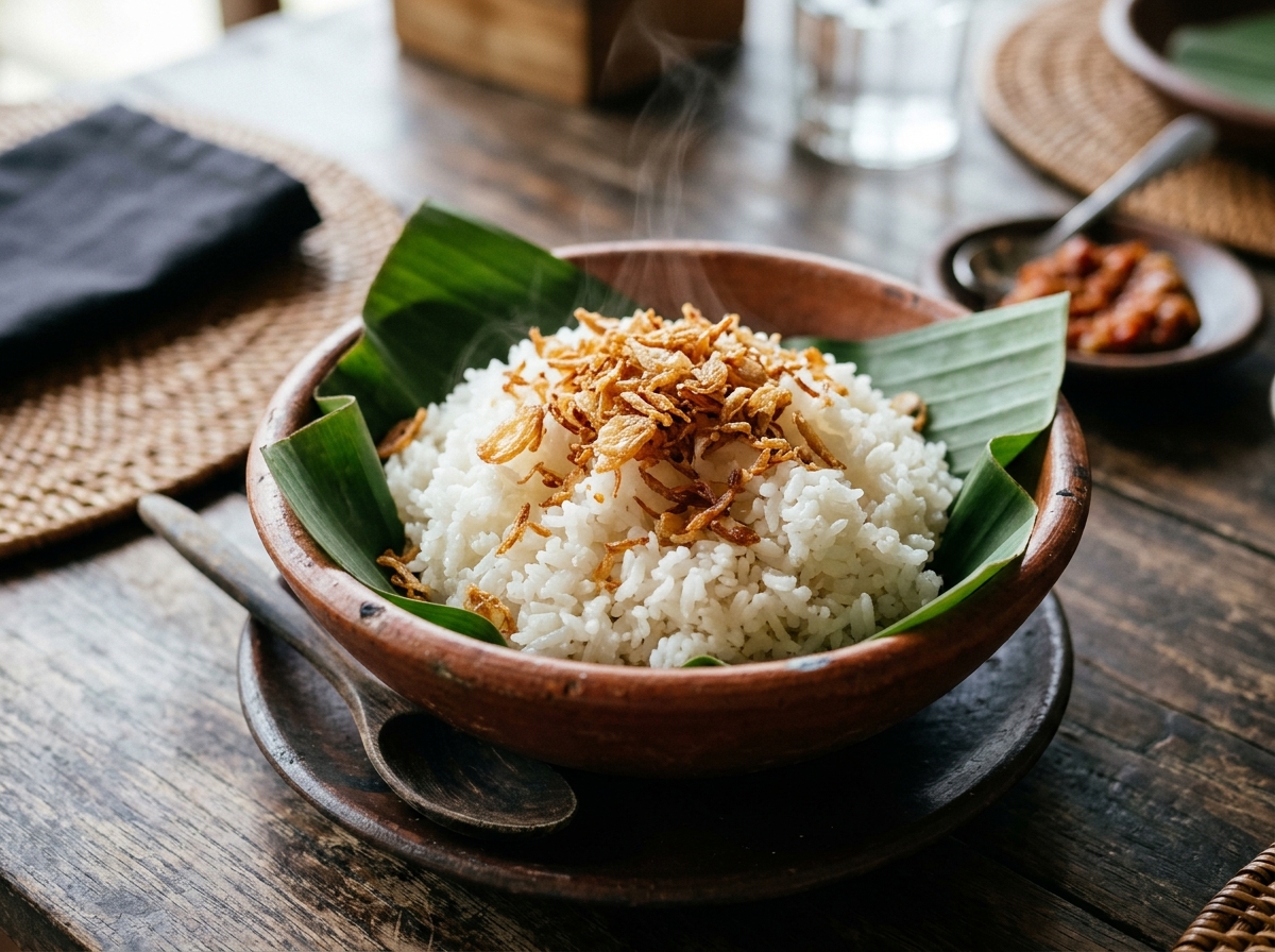 Sepiring nasi putih pulen hangat beralas daun pisang dengan taburan bawang merah goreng harum