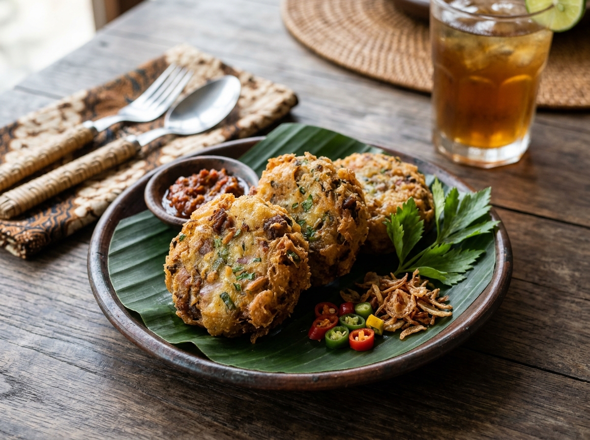 Piring saji berisi tiga butir perkedel kentang goreng keemasan yang gurih dengan campuran daging halus dan daun seledri