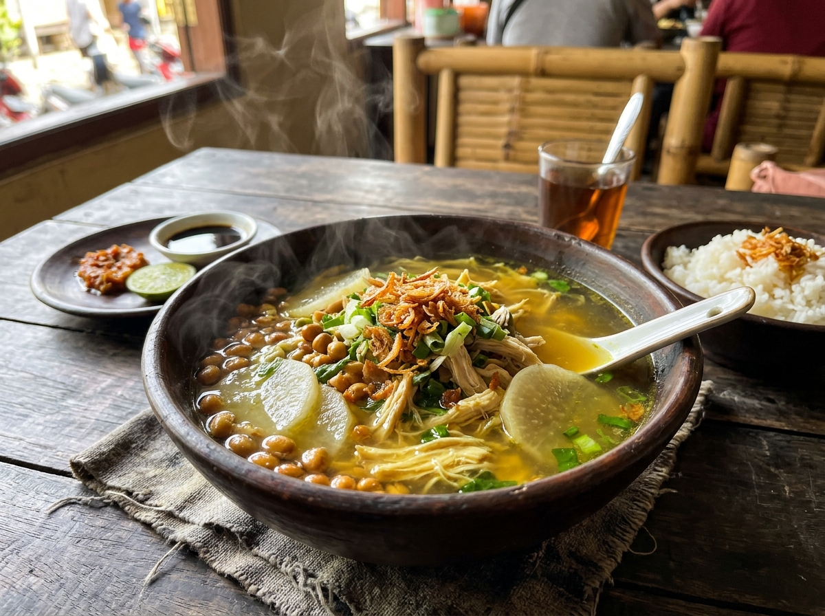 Semangkuk Soto Ayam Kampung berkuah bening segar dengan suwiran daging ayam gurih dan taburan bawang goreng renyah